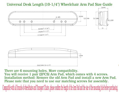 Universal Desk Arm Pad,Universal Desk Length (10-1/4") Wheelchair and Transport Chair Arm Pads w/Hardware, Replacement Vinyl Arm Pad Parts, Compatible with All Brands,(1Pair,Black)