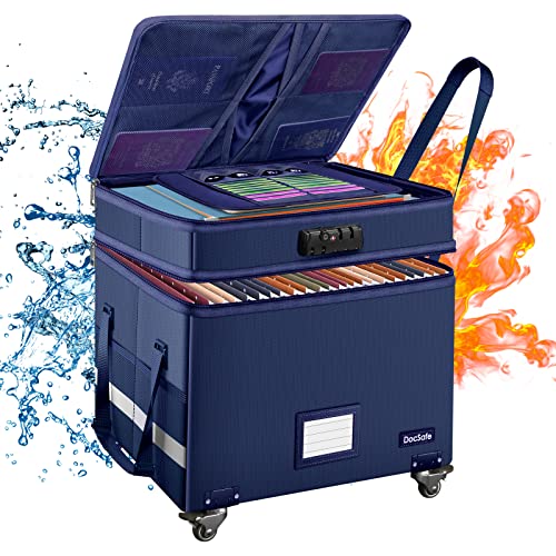 DocSafe File Box with Lock, 2-Layer Fireproof Document Box with Wheels,Collapsible File Storage Organizer with Pockets,Large Portable Office Filing Cabinet Hanging Folders,Blue,16''x13.8''x12.2'' - color: Blue