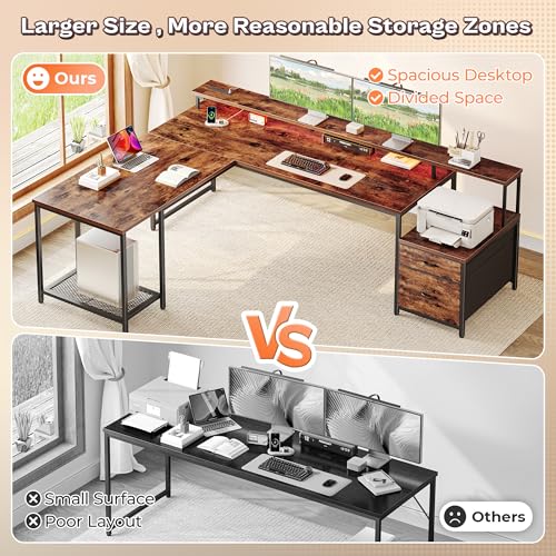 PRAISUN 66" L Shaped Gaming Desk with LED Lights & Power Outlets - color: Rustic Brown