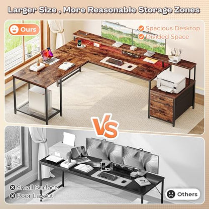 PRAISUN 66" L Shaped Gaming Desk with LED Lights & Power Outlets - color: Rustic Brown