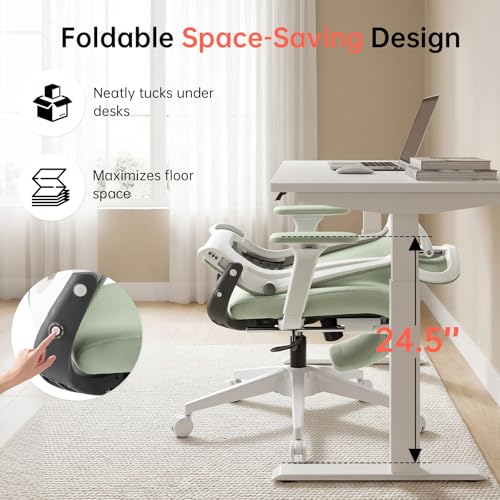 Ergonomic Foldable Office Chair with Footrest and Lumbar Support, Green | Compact desk chair with space-saving folding design, 2D headrest, 2D armrests, computer cahirs for home office - color: Green