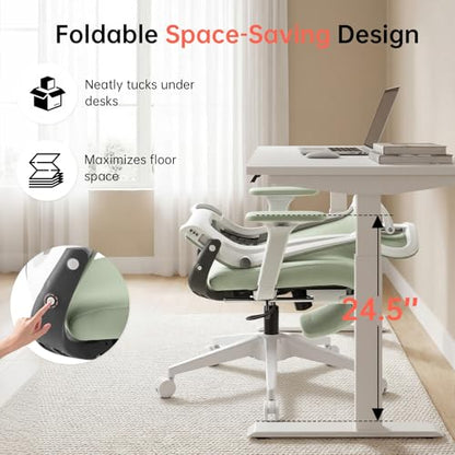 Ergonomic Foldable Office Chair with Footrest and Lumbar Support, Green - color: Green