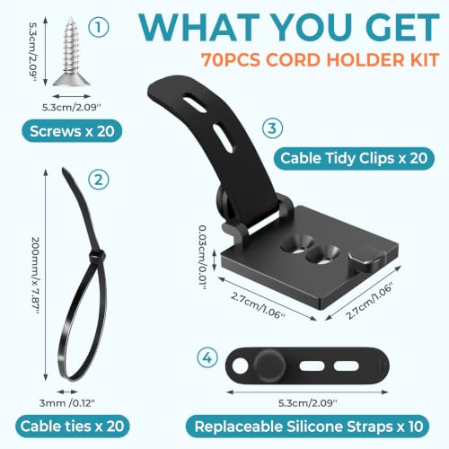 Kanemc 20PCS Cable Management Kit Adhesive Cable Clips | 20 Adjustable Cable Holders,20 Zip Ties,20 Screws&10 Extra Cable Straps, Cord Organizer for Home Office Under Desk Behind TV