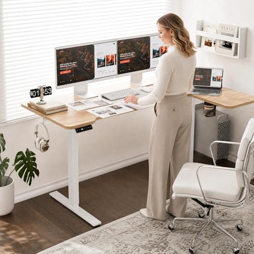L Shaped Electric Standing Desk - 59x40 Inch Reversible Corner Sit Stand Desk with Hook&Cup Holder,Electric Height Adjustable Table,for Home Office Gaming Computer Desk, Oak - color: Oak, size: L-shaped 59 Inches