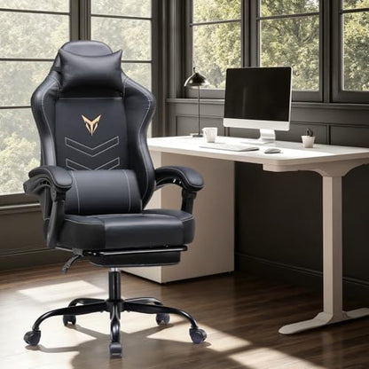 GTPLAYER Gaming Chair, Office Chair High Back Computer Chair with Foot Rest for Adults, Leather Desk Chair Executive Ergonomic Height Adjustable with Headrest and Lumbar Support, 300lbs Dark Black - color: Dark Black