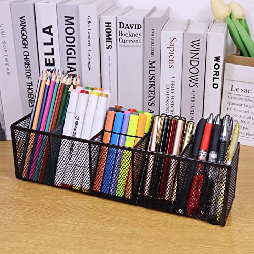 2PCS Black Mesh Pen Pencil Holder, Small Metal Desk Organizer Desktop Stationery Office Supplies Acessories Storage Stand, 5 Compartments Brushes Holder for Home School Classroom Teachers - size: 2pcs 5 Grids