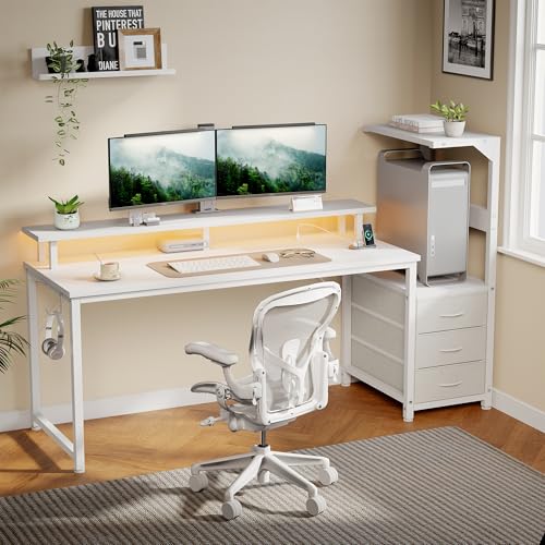 59" Reversible Gaming Desk with LED Lights Power Outlets, White | Computer Desk with Drawers Can be Used to Store Odds and Handles, Elevated PC Stand To Help You Showcase Your DIY Cases. - color: White, size: 60 In