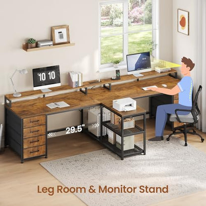 SEDETA 95" 2 Person Gaming Desk with 8 Drawers Storage Shelves,Rustic Brown | Double T Shaped Office Desk with LED Lights, Power Strip with USB & Monitor Stand for Home Office, Bedroom - color: Rustic Brown