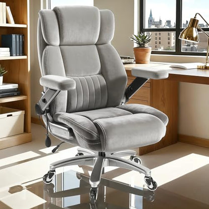 Fabric 600LBS Heavy Duty Office Chair with 5D Flip Arms for Heavy People,Comfy Cloth Big and Tall Desk Chair with Pocket Spring Cushion,High Back Computer Chair with Adjustable Lumbar Support - color: Fabric Grey