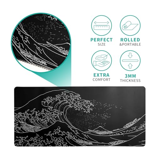 Japanese Gaming Mouse Pad Abstract Black Mouse Pad 31.5x11.8 Inch Black Sea Wave Texture Non-Slip Rubber Base Large Ocean Mousepad Stitched Edges Keyboard Mouse Mat Desk Pad for Office and Home - color: Sea Wave