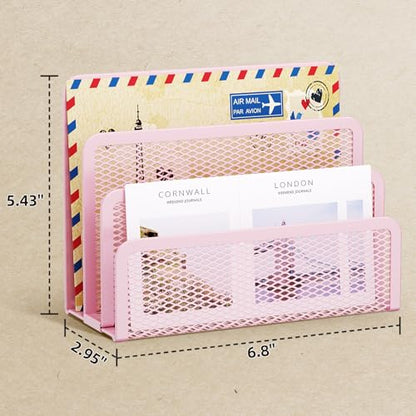 Marbrasse Mail Organizer for Desk, 3-Slot Mesh Metal Mail Holder countertop, Letter Holder, Office Desktop Envelope and Document Storage Rack (Pink) - color: Pink