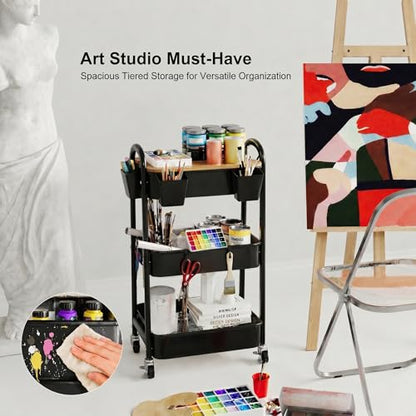 3 Tier Metal Heavy Duty Rolling Cart with Wheels & Wood Table Top, Black | Three-Tiered Organizer on Wheels, Storage Utility Cart for Craft, Art, Diaper Caddy, Baby Nursery, Office, Laundry,Snack,Book - color: Black