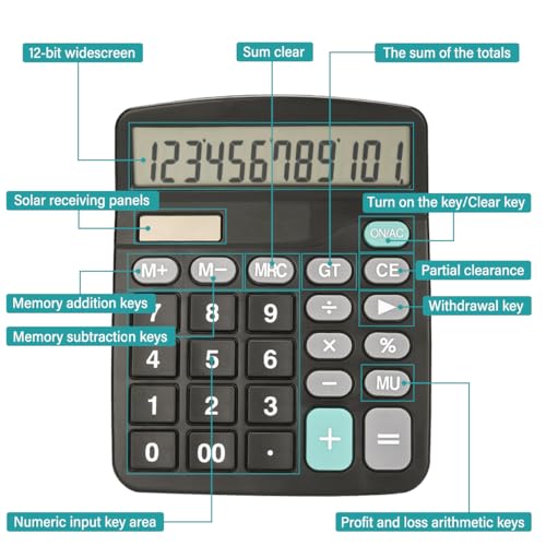 12 Digits Desktop Calculator with Large LCD Display and Sensitive Button, Dual Solar Power and Battery, Standard Function for Office, Home, School, Black