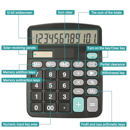 12 Digits Desktop Calculator with Large LCD Display and Sensitive Button, Dual Solar Power and Battery, Standard Function for Office, Home, School, Black