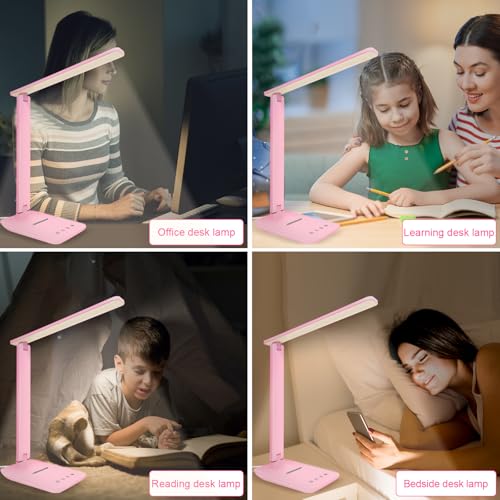 White crown LED Desk Lamp Dimmable Table Lamp Reading Lamp with USB Charging Port, 5 Lighting Modes, Sensitive Control, 30/60 Minutes Timer Pink (Pink, First-Generation) - color: Pink, size: first-generation