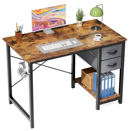 40-Inch Computer Desk with Drawers for Home Office, Brown | Modern Simple Small Desk for Bedroom with Side Hook, Reversible Gaming Study Writing Table PC Desks - color: Brown, size: 39 IN