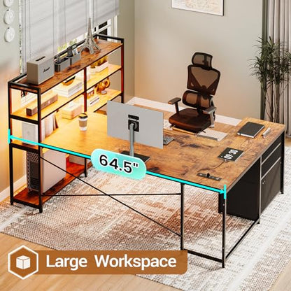 SEDETA L Shaped Desk with Storage Shelves, 64.5" Reversible U Shaped Office Desk with 3 Fabric Drawers, Gaming Desk with Power Outlet & LED Strip for Home Office, Rustic Brown - color: Rustic Brown