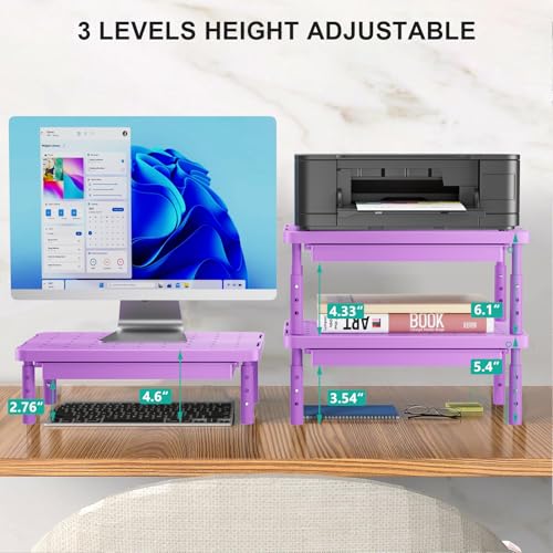 WALI Computer Monitor Stand with Storage, Monitor Riser 3 Height Adjustable | Laptop Riser with Airflow Vents, Desk Organizer for Computer, Printer, Notebook (PTT002-V), 1 Pack, Violet - color: Violet, size: 14.6"L * 9.3"W,11" 1 Drawer