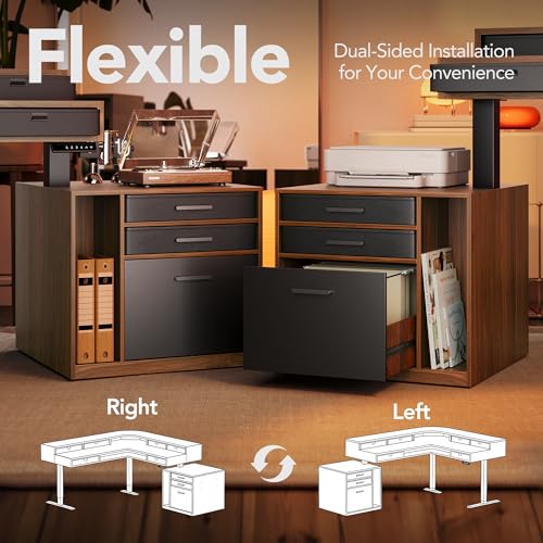 HUANUO 85" Electric L Shaped Standing Desk with File Cabinet, Walnut | 65"x58" 2-Tier L-Desk,File Cabinet, 6 Drawers,220lbs Carbon Steel,4 Memory Presets, 27.6"-46.5" Adjustable Height - color: Walnut, size: 6 Drawers+File Cabinet
