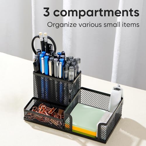 deli Mesh Desk Organizer Office Supplies Caddy with Pencil Holder and Storage Baskets for Desktop Accessories, 3 Compartments, Black