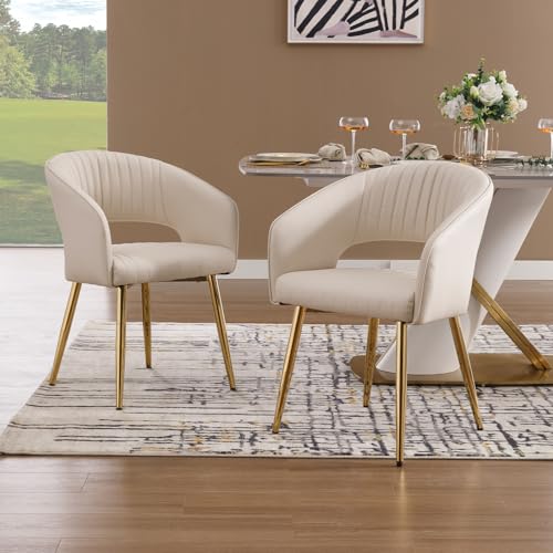 Modern Dining Chairs Set of 2, Upholstered PU Leather Dining Room Chairs with Gold Metal Legs, Accent Kitchen Chairs with Curved Backrest for Living Room, Cream - color: Cream