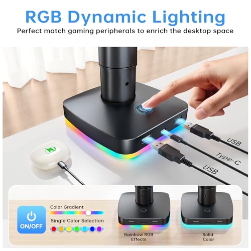RGB Single Monitor Stand, Gas Spring Monitor Arm with 3 USB Ports, Charging and USB Data Transfer Function, Desk Mount for 13"-32" Monitors up to 19.8lbs, Adjustable Height, Tilt, Swivel, Rotate