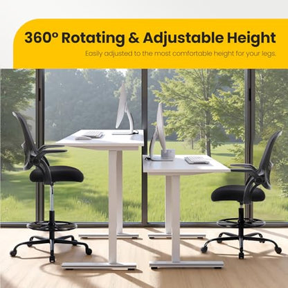 Sweetcrispy Tall Drafting Chair, High Office Desk Chair with Footrest | Comfy Lumbar Support, Counter Height Adjustable, Flip-up Arm, 360° Computer Rolling Stool, Black - color: Dark Black, size: 48.4 inches (H) x 24 inches (W) x 25.2 inches (D)