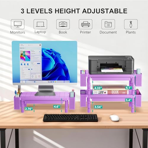 WALI Computer Monitor Stand with Storage and Pen Holder | 3 Height Adjustable Desk Organizer with Drawer, Desk Laptop Monitor Riser for Computer, Printer(PTT003-V), 1 Pack, Violet - color: Violet, size: 14.6"L * 9.3"W,11" 1 Drawer, 2 Pen Holder