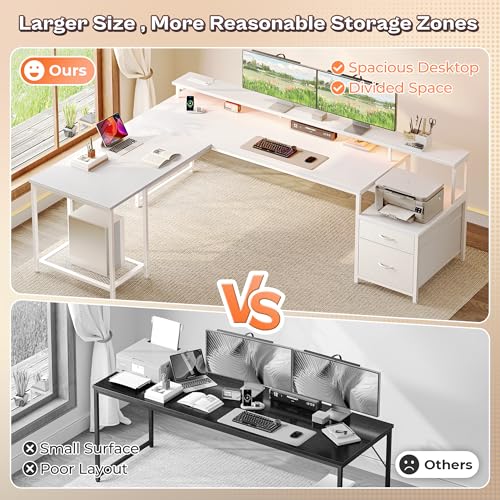 PRAISUN 66" L Shaped Gaming Desk with LED Lights & Power Outlets - color: White