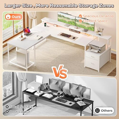 PRAISUN 66" L Shaped Gaming Desk with LED Lights & Power Outlets - color: White