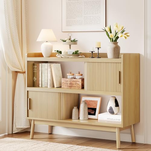 ONBRILL 44" Sideboard Buffet Cabinet with Outlet & Sliding Door, Oak - color: Oak, size: 44"