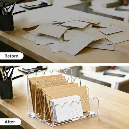 3 Compartments Acrylic Mail Organizer, Vertical File Sorter & Scalloped Desk Organizer for Letters, Envelopes, Bills, Stationery, Mail Holder for Office and Home
