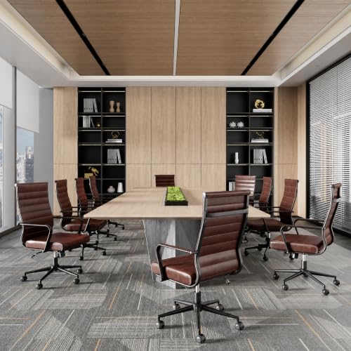 Okeysen Leather Office Desk Chair, Mid-Century Modern Leather Conference Room Chairs, Ergonomic Executive Ribbed Height Adjustable Swivel Rolling Chair for Home Office. - color: Reddish Brown
