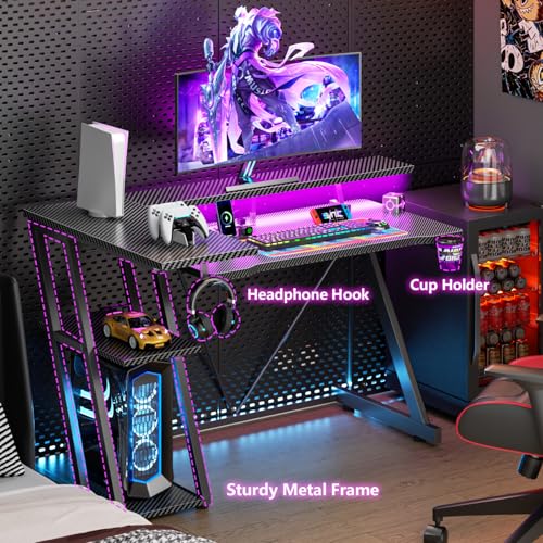 Korfile 40 Inch Gaming Desk with Power Outlet & LED Lights, L Shaped Computer Gaming Table with 3 Tiers Storage Shelves, Corner Gamer Desk with Monitor Stand for Small Space, Carbon Fiber Black | L Shaped Computer Gaming Table, Corner Gamer Table, with 3