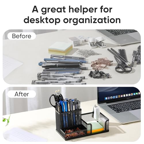 deli Mesh Desk Organizer Office Supplies Caddy with Pencil Holder and Storage Baskets for Desktop Accessories, 3 Compartments, Black