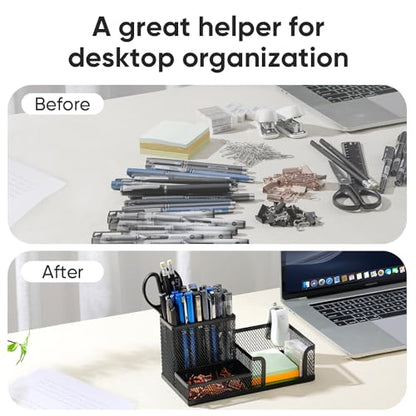 deli Mesh Desk Organizer Office Supplies Caddy with Pencil Holder and Storage Baskets for Desktop Accessories, 3 Compartments, Black