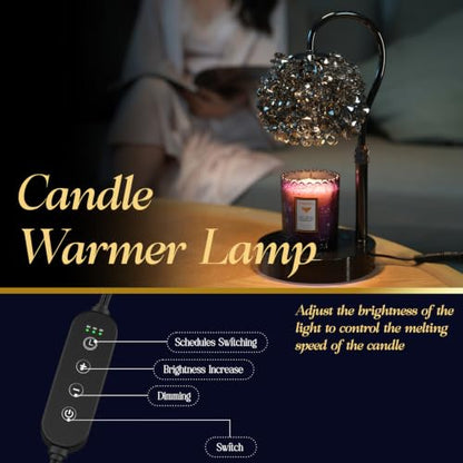 Crystal Candle Warmer Lamp,Luxury Adjustable Timer & Dimmer[Black] | Crystal elegance. Adjustable height fits jars. Timer & dimmer safe melt. 2 bulbs & heat-proof base. Luxury decor. - color: Black1