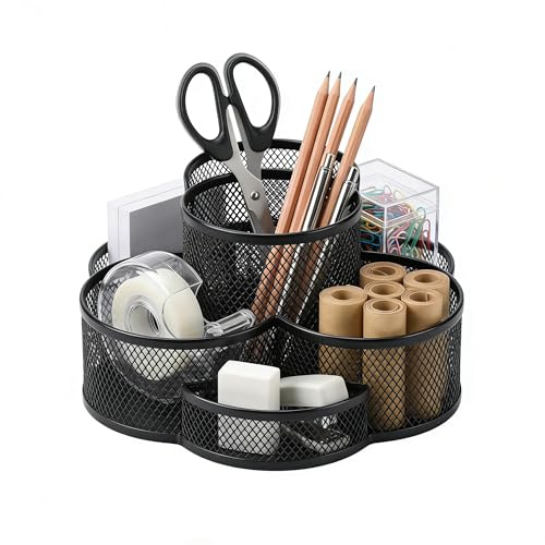 Multifunctional Desk Pen Holder,360°Rotating Metal Mesh Pen Holder,Office Learning Stationery Organiser (Black)