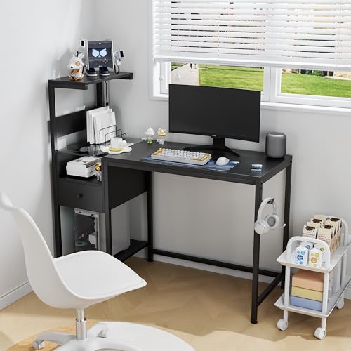Computer Desk with Power Outlet and USB Charging Station, Space-Saving Study Writing Table with Storage Shelves, PC Laptop Workstation for Home Office Bedroom (Black) - color: Black