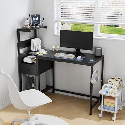 Computer Desk with Power Outlet and USB Charging Station, Space-Saving Study Writing Table with Storage Shelves, PC Laptop Workstation for Home Office Bedroom (Black) - color: Black