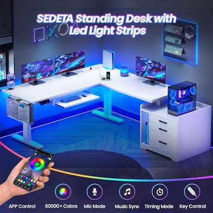 SEDETA L Shaped Electric Standing Desk with File Cabinet, 63 x 53'' Height Adjustable Home Office Computer Desk with Drawers, Power Outlet, Stand up Gaming Table with Led Lights, Keyboard Tray, White - color: White, size: 63 x 53'' L Shaped Standing Desk