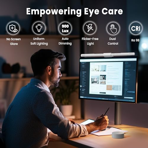 Quntis Monitor Light Bar Pro White, Eye-Care No Glare USB Computer Lamp, Stepless Dimming & Auto-Dimming Brightness, Dual Control, Modern Aesthetic Space Saving Desk Accessories Office Gaming Reading - style: ‎ScreenLinear Pro White