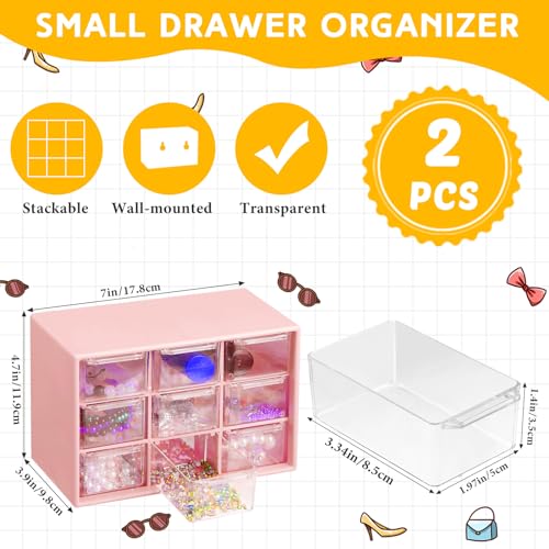 Wenqik 2 Pcs Mini Storage Drawers with 9 Clear Drawers,Pink - color: Pink