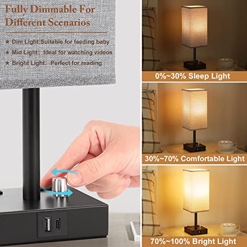 aooshine Gray Fully Dimmable Nightstand Lamps Set of 2 - Table Bedside Lamp with USB C+A Charging Ports & 2 AC Outlets, Square Lamp Sets Linen Fabric Shade for Bedroom Living Room(Bulb Included) | Stepless Dimmable by Rotary Knob, 3000K LED Bulbs Included