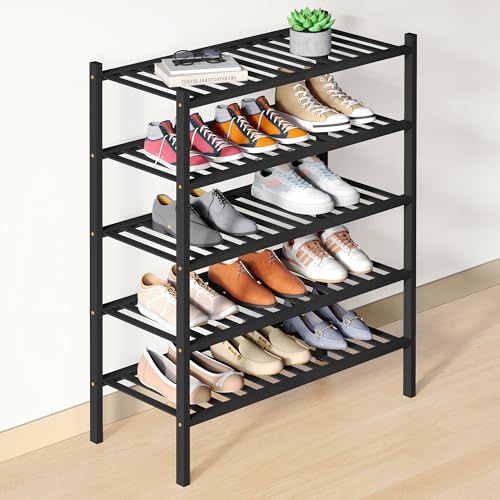 Smiry Bamboo Shoe Rack for Closet, 5 Tier - 26.77" Wide, Black | Stackable Wooden Shoe Organizer, Wood Shoe Storage Shelf for Entryway, 14 Vertical Slats, Reinforced Legs - color: Black, size: 5 Tier - 26.77" Wide