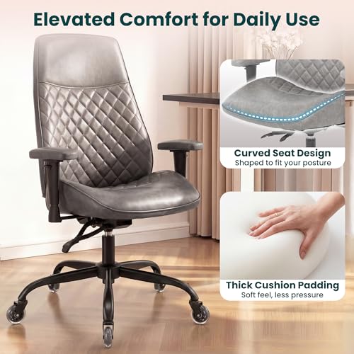 NEO CHAIR Leather Office Chair with Ergonomic Design, Executive Chair Grey | Computer Desk Chair with Lumbar Support, Adjustable Height Arms, Comfy Home Office Chair, Smooth Rolling and Swivel Design - color: H. High-back Grey