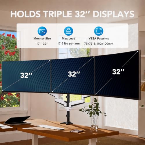 HUANUO Triple Monitor Stand - Full Motion Articulating Monitor Mount Fit Three 17 to 32 inch LCD Computer Screens with Clamp, Grommet Kit - color: White