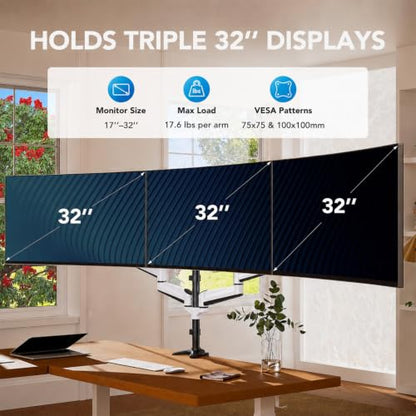 HUANUO Triple Monitor Stand - Full Motion Articulating Monitor Mount Fit Three 17 to 32 inch LCD Computer Screens with Clamp, Grommet Kit - color: White