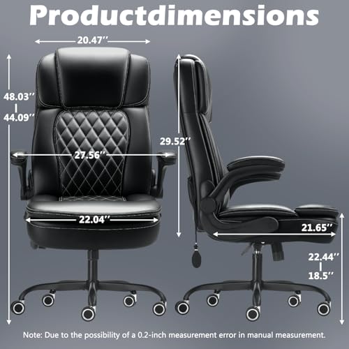 450LBS Big and Tall Executive Office Chair with Flip up Arm, Heavy Duty PU Leather Computer Desk Chair,Comfortable High Back Swivel Home Office Chair with Rolling for Adults,Spring Cushion,Metal Base - color: Black