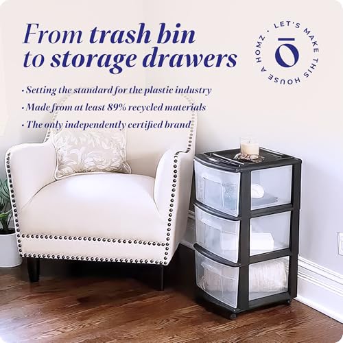HOMZ Drawer Tower, 3-Tier Storage Cart with Removable Wheels, Black Frame - color: Black, size: 1 Pack
